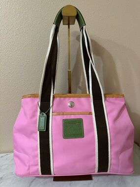Coach Vintage Y2K Hampton Pink Tote with Green Trim and Brown Straps